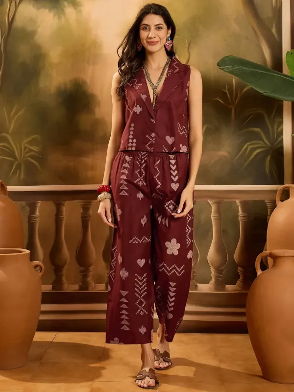 Bordo Baskılı Yelek Pantolon Takım